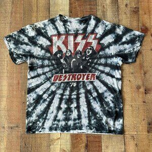 Vintage KISS Destroyer '76 Tie-Dye Black Gray White Band Short Sleeve T-Shirt